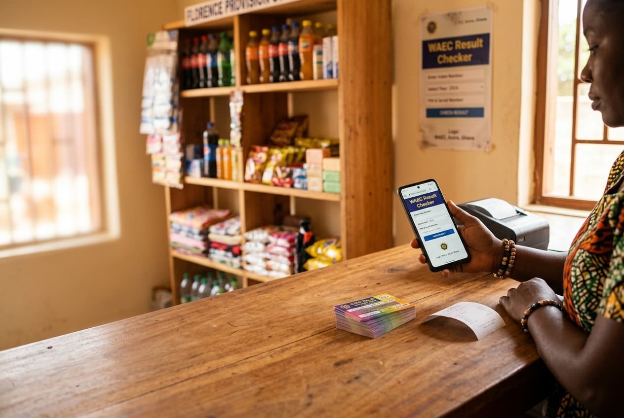 A Ghanaian shop owner using Dashchecker at a storefront counter